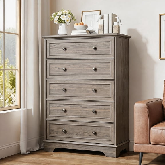 Farmhouse Style 5 Drawer Dresser for Bedroom - Vertical Tall Chest of Drawers Storage Organizer Cabinet for Living Room or Hallway - Sturdy Wood Construction - Washed Gray