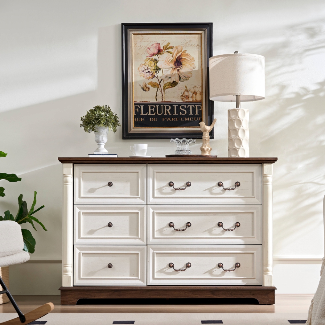 Farmhouse Style 6 Drawer Dresser Chest with Base Wooden Rustic Chest of ...
