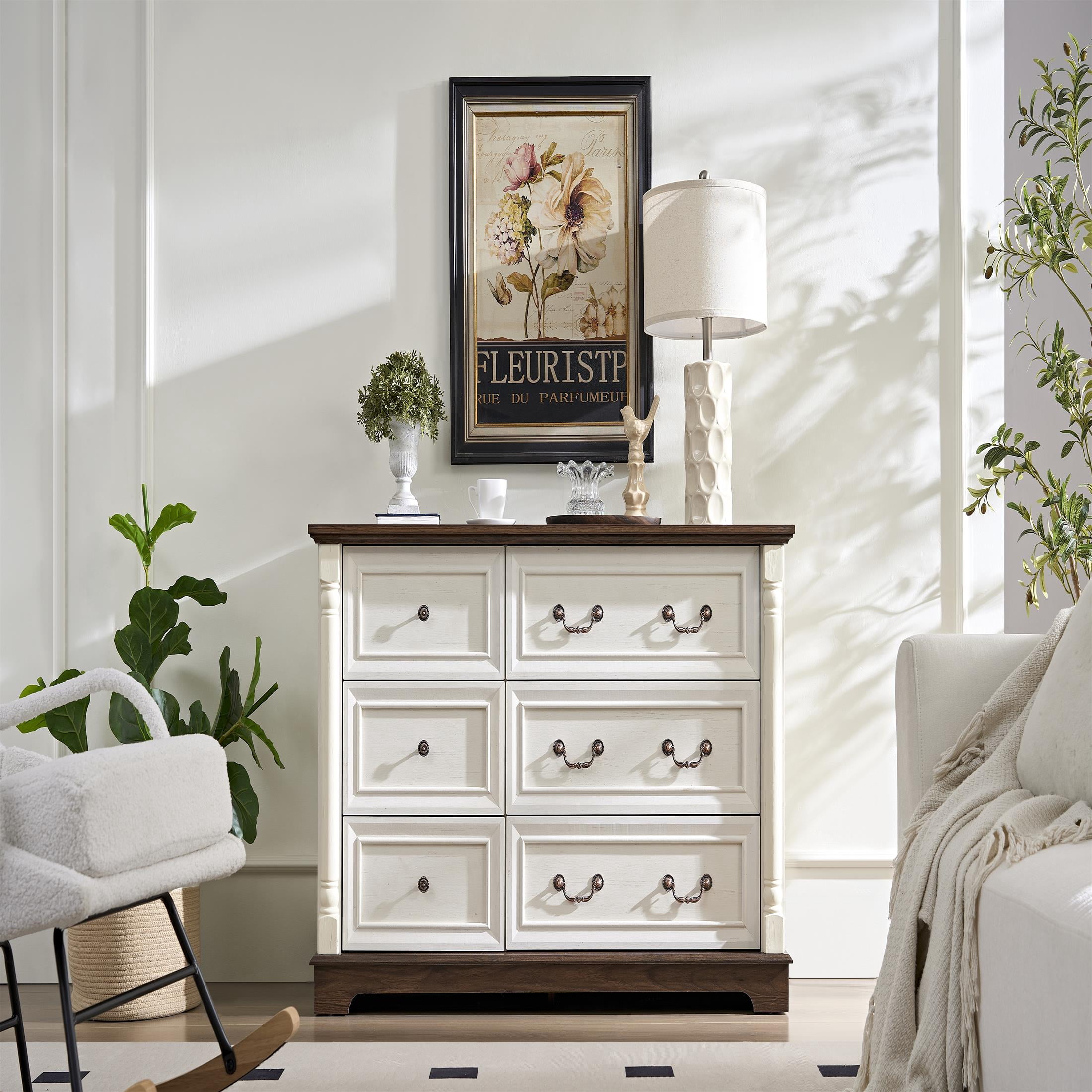Farmhouse Style 6 Drawer Dresser Chest with Base Wooden Rustic Chest of ...