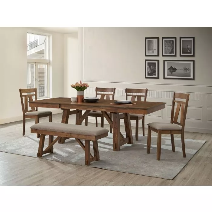 Farmhouse Style 6PC Dining Set, Wooden Dining Table w/ Double Extension ...