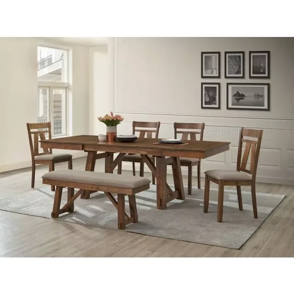Farmhouse Style 6PC Dining Set, Wooden Dining Table w/ Double Extension Leaf, Dining Bench & Chair Set, Walnut Finish