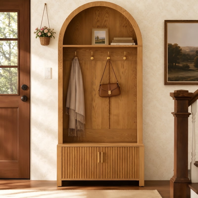 Farmhouse Style Arched Top Hall Tree, Shoe Bench with Storage Cabinet, Coat Rack Organizer with 4 Hooks and 2 Fluted Doors