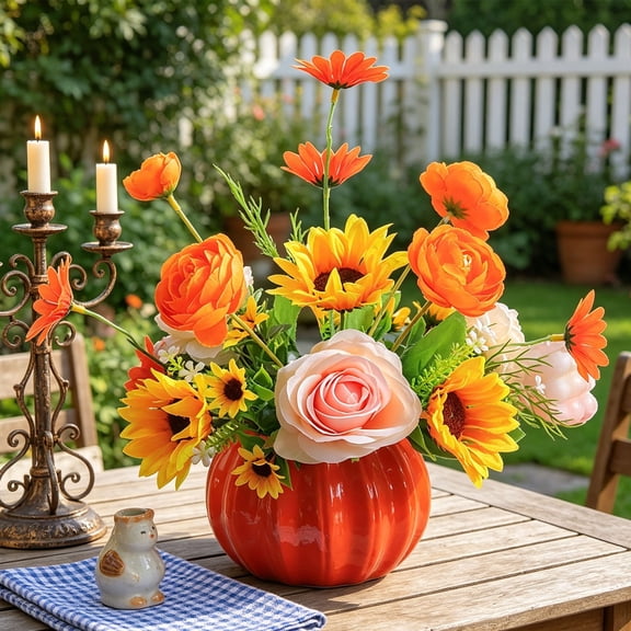 Farmhouse Style Artificial Silk Flower with Ceramic Vase, Rustic Faux Floral Table Centerpiece, Long Lasting Fake Flower Decor for Kitchen Entryway Dining Room, Classic Indoor Decoration