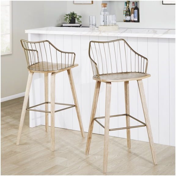 Farmhouse Style Bar Stool, Fixed Height with Whitewashed Seat and Antique Copper Footrest, 250 lb Capacity
