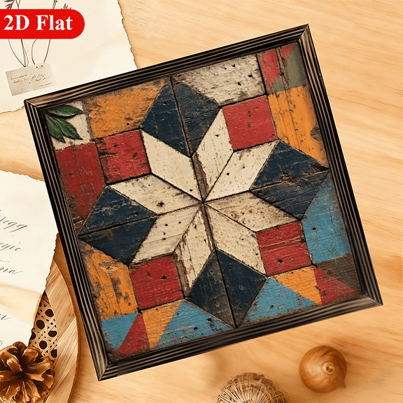 Farmhouse Style Barn Quilt with Star Striped Wooden with Frame - 12x12inch Rustic Wall ArtOctagonal Star DesignPolished FinishBright