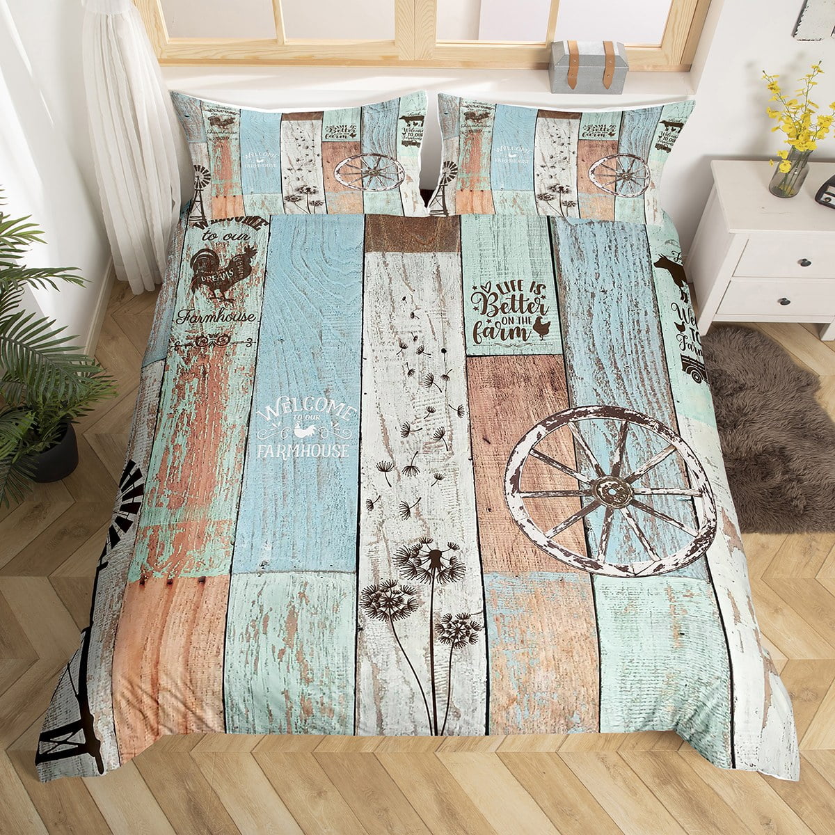 Farmhouse Style Bedding Set Twin Size, Rustic Windmill Comforter Cover Vintage Country Western ...