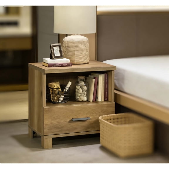 Farmhouse Style Bedside Table  Modern Nightstand with Single Drawer & Shelf, Brown Rustic Night Stands as Decorative Side Tables Bedroom