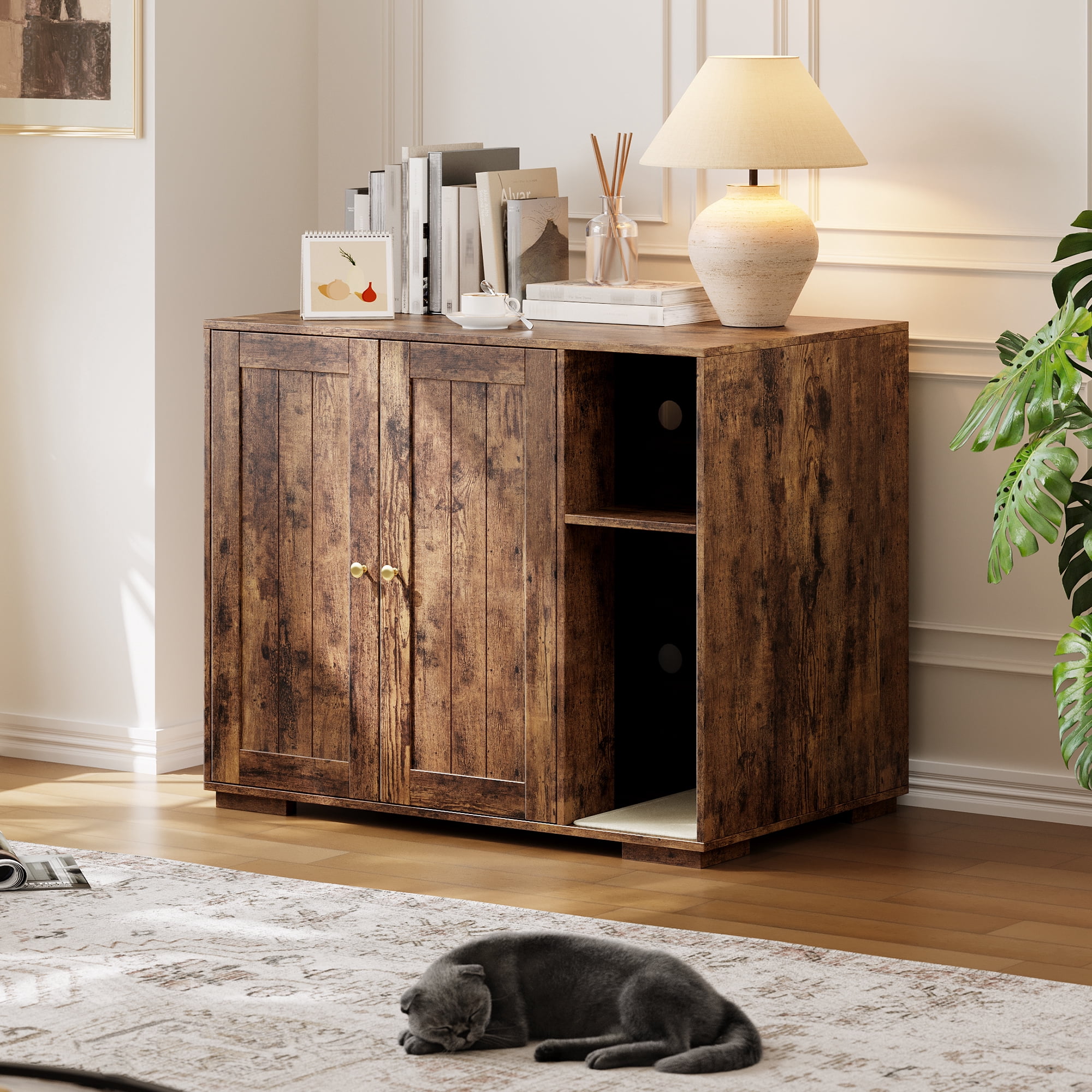 Farmhouse Style Cat Litter Box Enclosure with Power Outlet, Dog-Proof Shelf & Storage, 39.4" Indoor Pet Furniture,Tiger color