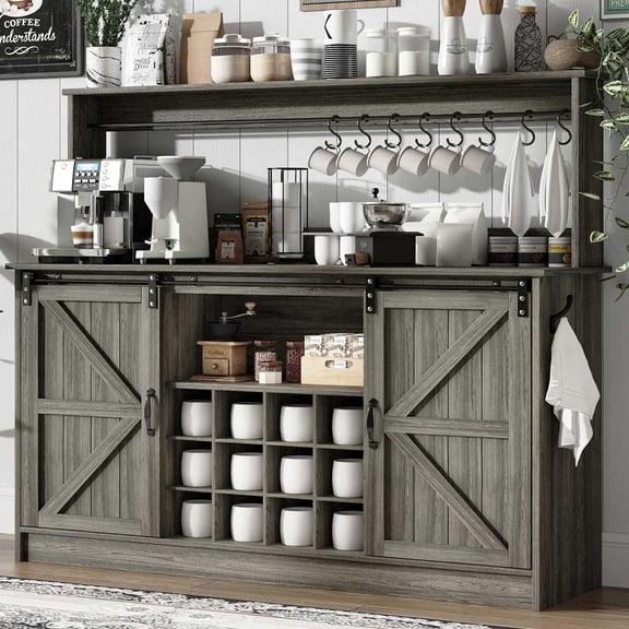 Farmhouse Style Coffee Bar Cabinet, 55 Inch Wide with Sliding Barn Doors and 8 Hooks, Kitchen Storage Hutch for Wine Glasses and Appliances, Wash Gray