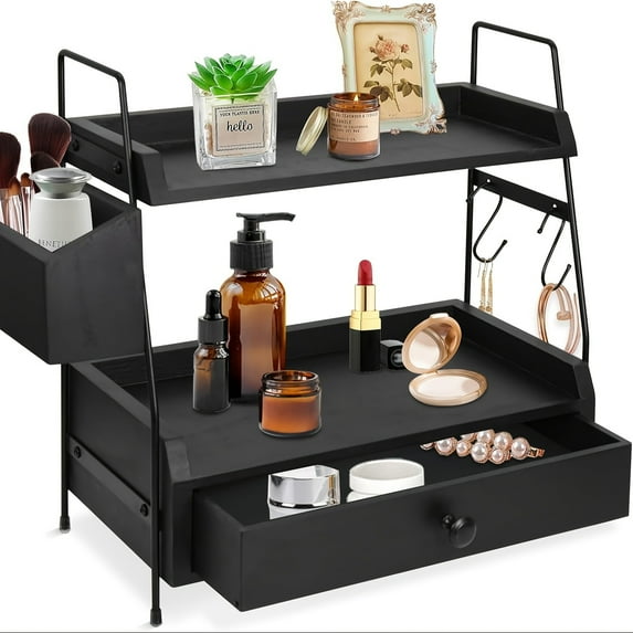 Farmhouse Style Coffee Bar Organizer 2 Tier Wooden Countertop Shelf with Drawer - Rustic Home Kitchen Storage for Coffee Station, Spices, and Decor, Handles for Easy Mobility