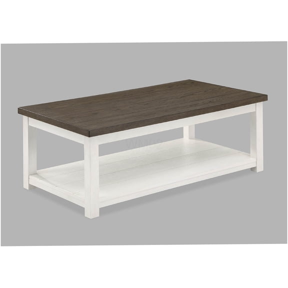 Farmhouse Style Coffee Table with Casters, Brown Top and White Base, Wooden Rectangular Living Room Table