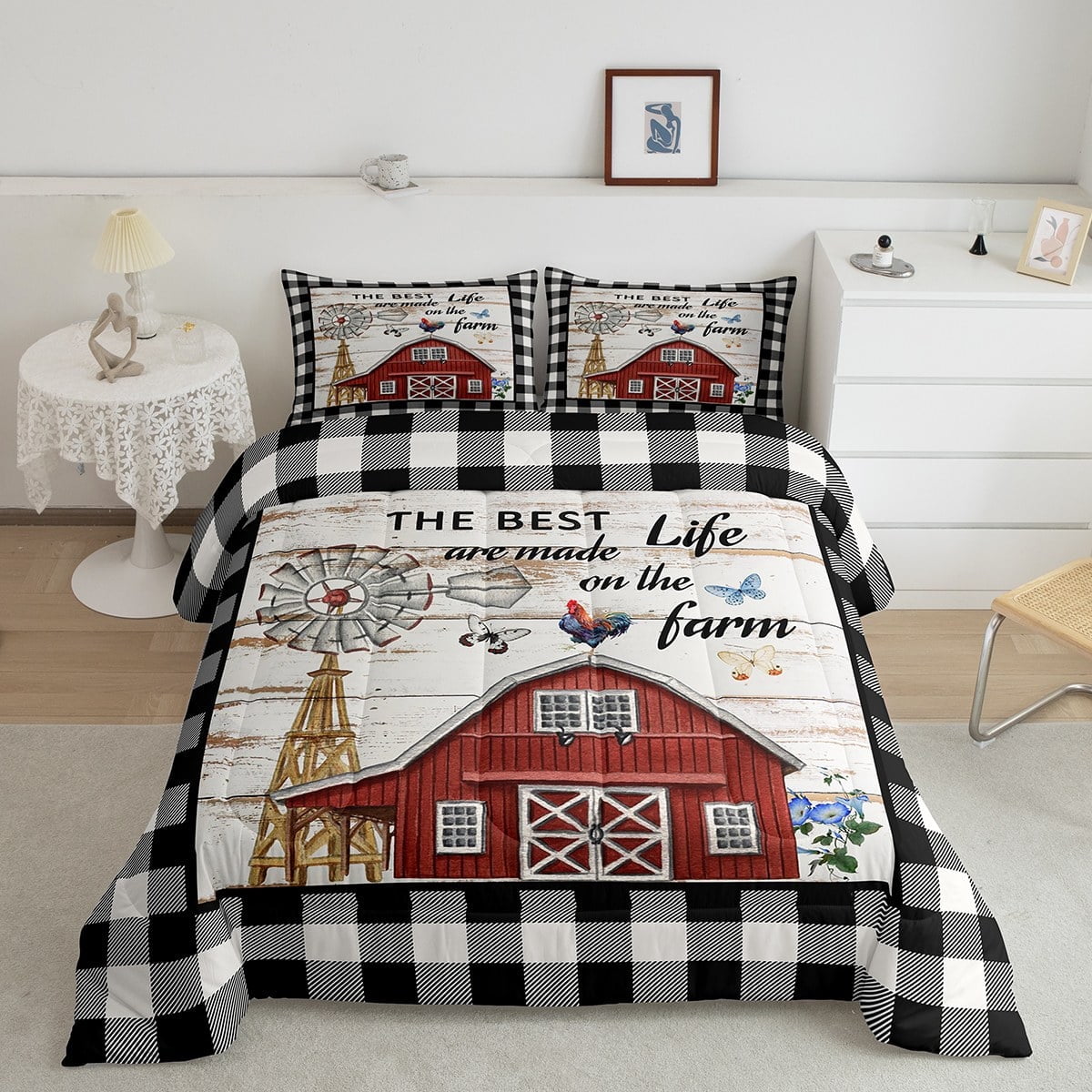 Farmhouse Style Comforter Set, Country Windmill Decor Bedding Set Queen