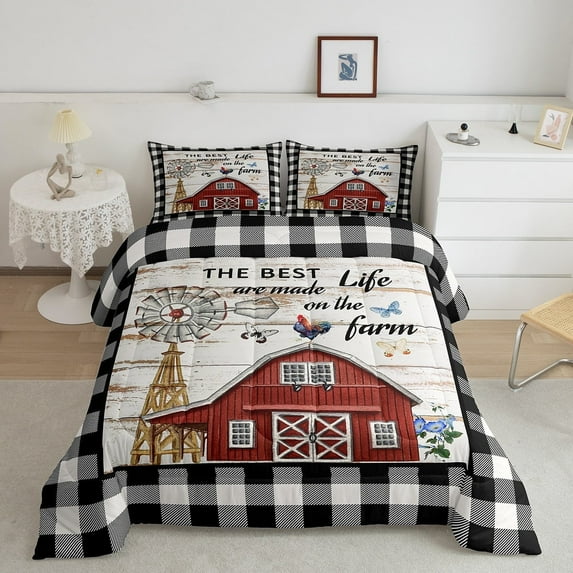 Farmhouse Style Comforter Set, Country Windmill Decor Bedding Set Twin Size Teens Bedroom, Rustic Rooster Farm Animal Duvet Sets Vintage Western Wooden Plank Quilt With 1 Pillow Case