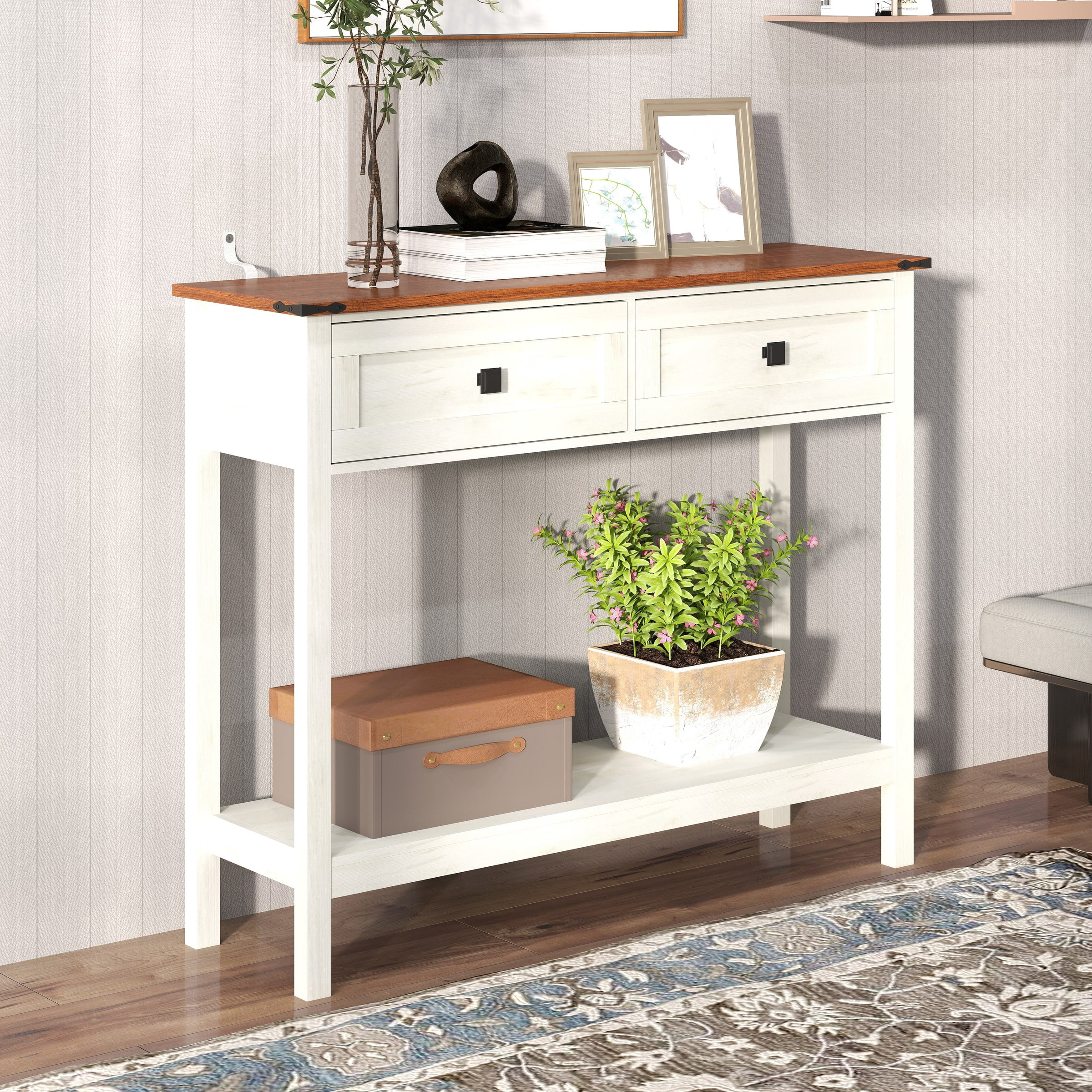 Farmhouse Style Console Table with 2 Drawer and Bottom Storage Shelf for Entryway, Rustic Side Table with Storage Drawer and Shelf for Living room, Hallway(Antique White)