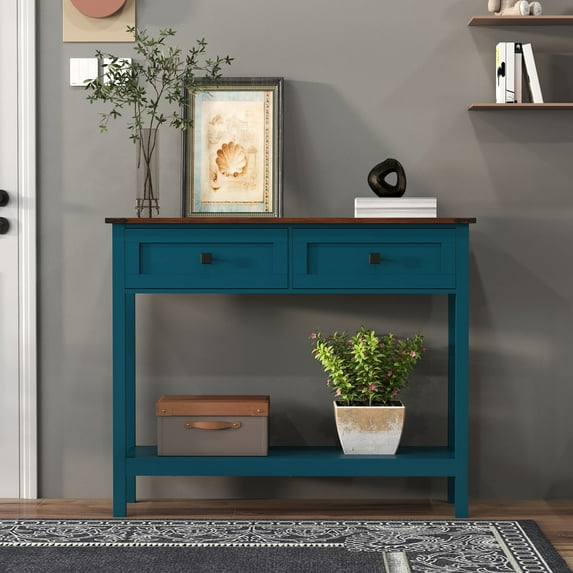 Farmhouse Style Console Table with 2 Drawer and Bottom Storage Shelf for Entryway, Rustic Side Table with Storage Drawer and Shelf for Living room, Hallway (Blue)