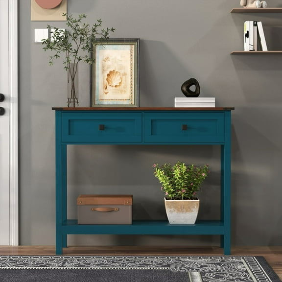 Farmhouse Style Console Table | 2 Drawers & Bottom Shelf | Pagoda Blue