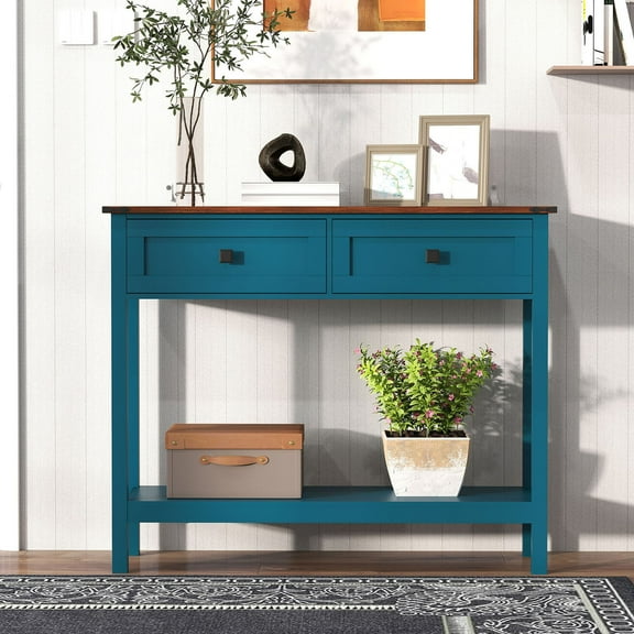 Farmhouse Style Console Table in Pagoda Blue with 2 Hidden Storage Drawers and Bottom Shelf for Entryway and Living Room
