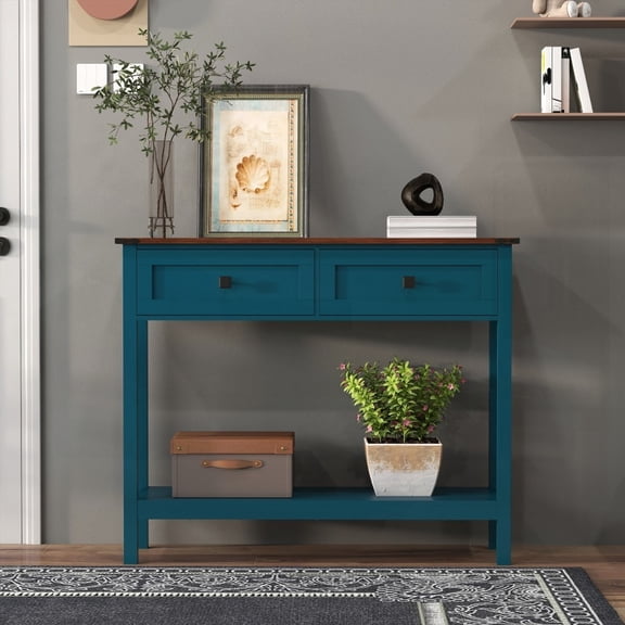 Farmhouse Style Console Table with Storage - Pagoda Blue & Dark Brown! 2 Drawers & Bottom Shelf for Entryway!