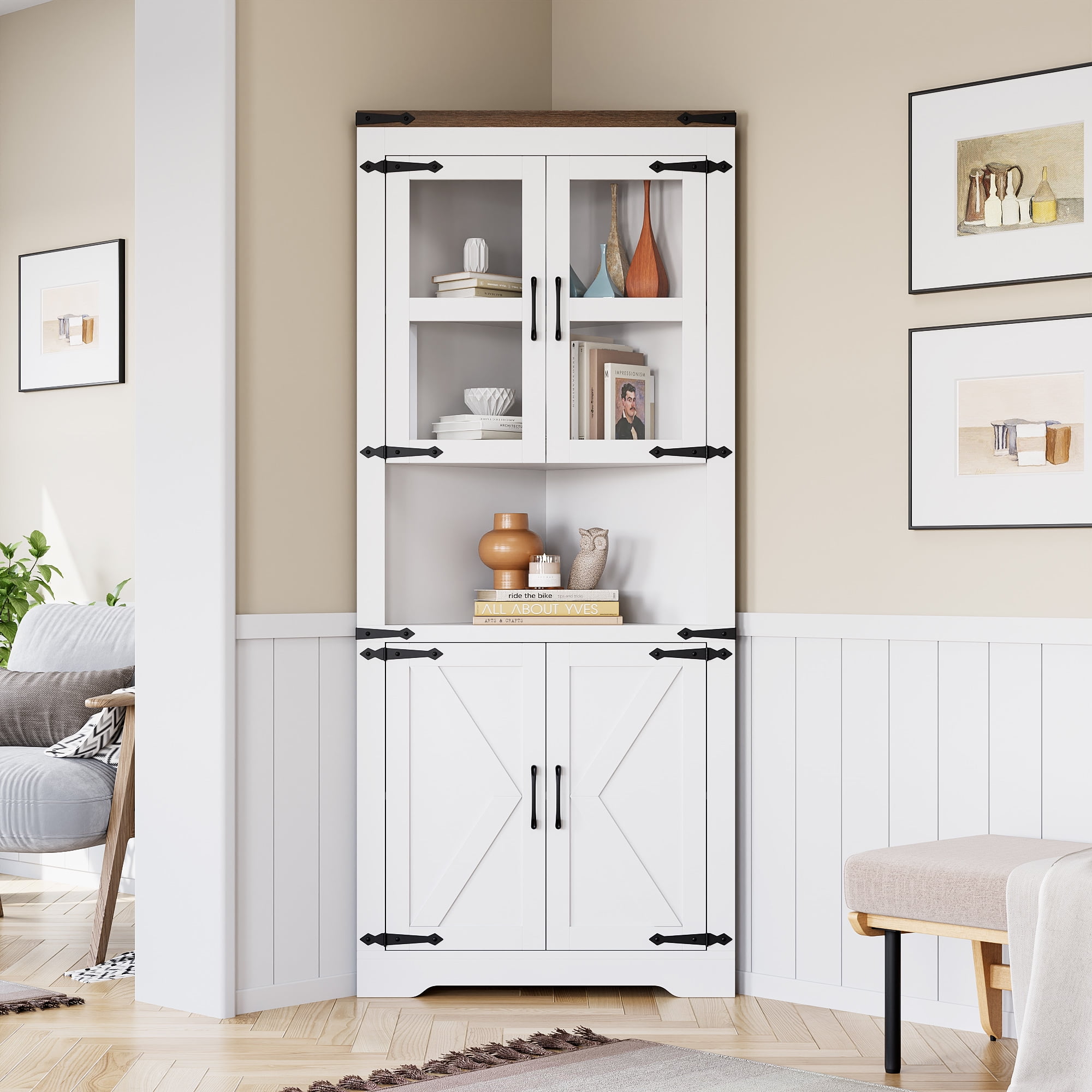 Farmhouse Style Corner Cabinet, 67"H Freestanding Tall Corner Storage Cabinet with Barn Door & Adjustable Shelves, Bathroom Cabinet with Storage for Living Room, Kitchen, Bathroom