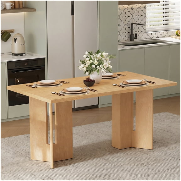 Farmhouse Style Dining Table, 60" Long Natural Wood Wash Rectangular Table, Cutout Detail Legs for Kitchen and Dining Room, Easy Assembly