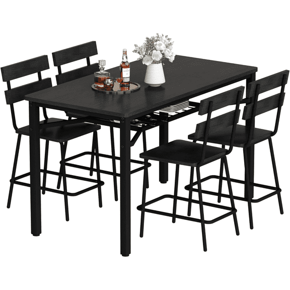 MOOSENG Farmhouse-Style Dining Table Set for 4 | Black Counter Height Kitchen Table & 4 Black Bar Stools | Hightop Bar Table and Chairs Set with Storage | Small Dinette Set for Pub, Dining Room