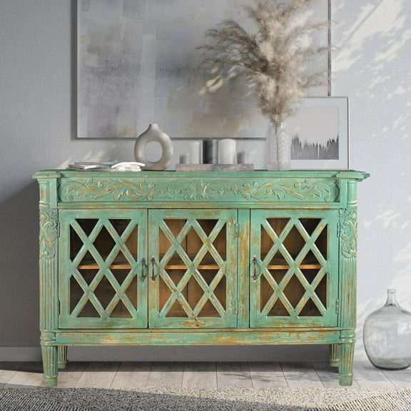 Farmhouse Style Distressed Blue Carved 60 Long Sideboard With Glass Doors | Solid Wood Indian Furniture | Entryway Storage Caninet | Buffet