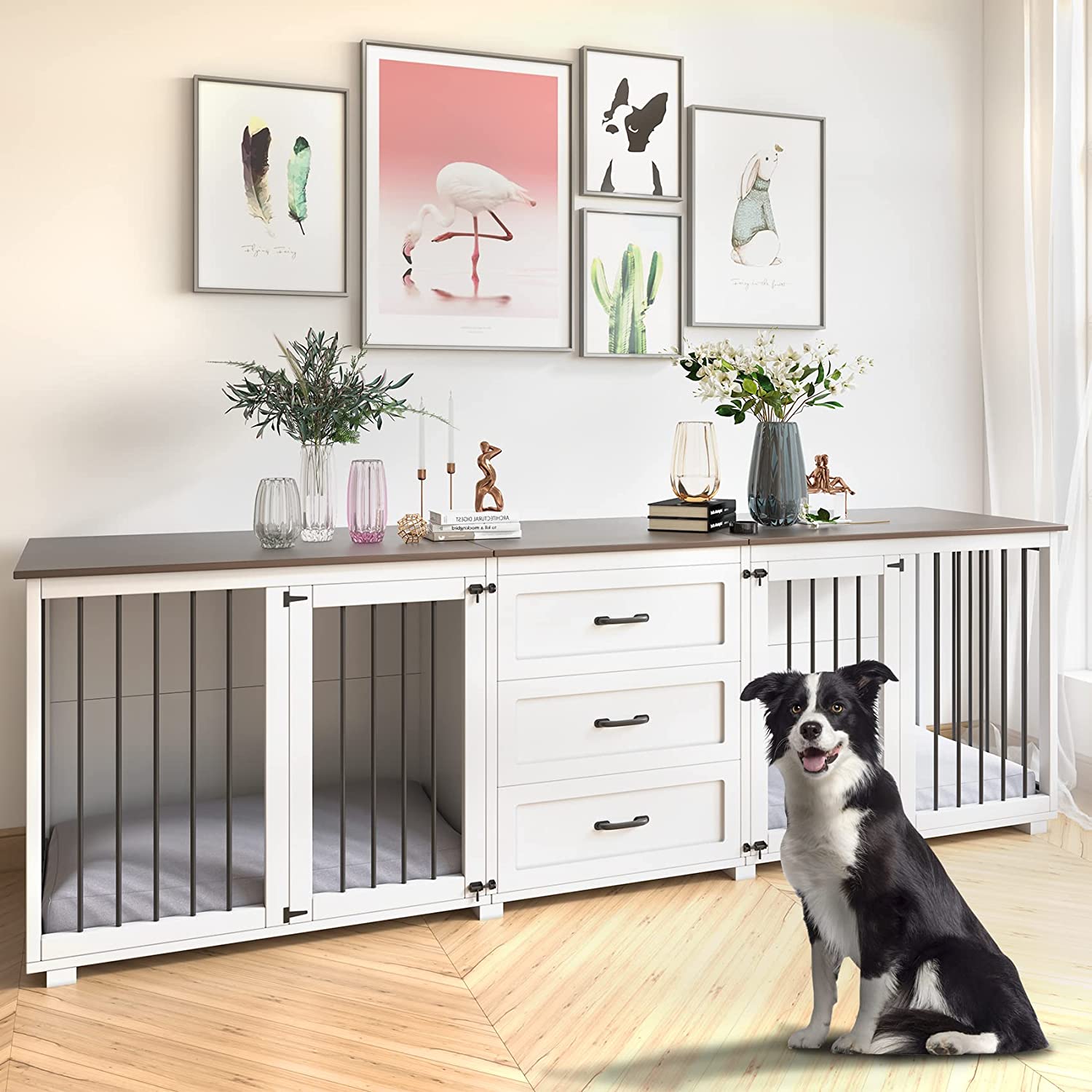 View of Farmhouse Style Dog Crate with 3 Drawers, Double Doors, 95x23x32 Inch ...