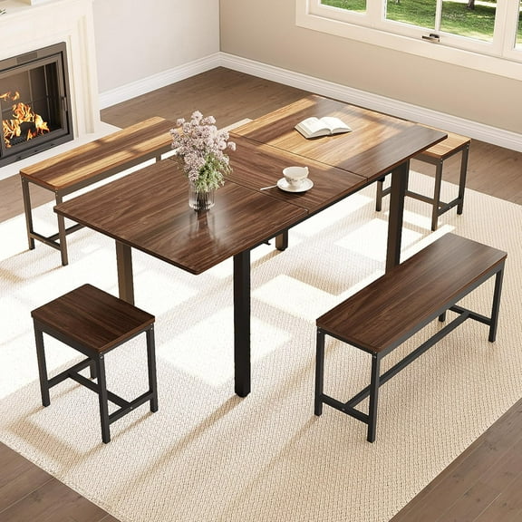 Farmhouse Style Extendable Dining Table Set for 6-8, Wooden Table Set Include 2 Benches and 2 Stools, Space Saving Kitchen Dining Room Furniture Set