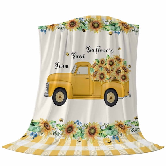 Farmhouse Style Fleece Throw Blanket Sunflower Yellow Car Country Plant Bee Plaid Ultra Soft Fuzzy Cozy Flannel Throw Blanket for Couch Sofa Bed Car Travel, Ideal Gifts 40x50 Inches