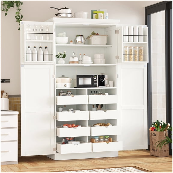 Farmhouse Style Freestanding Kitchen Pantry Cabinet in White with Shaker Doors and Pull-Out Trays for Dining Room Storage