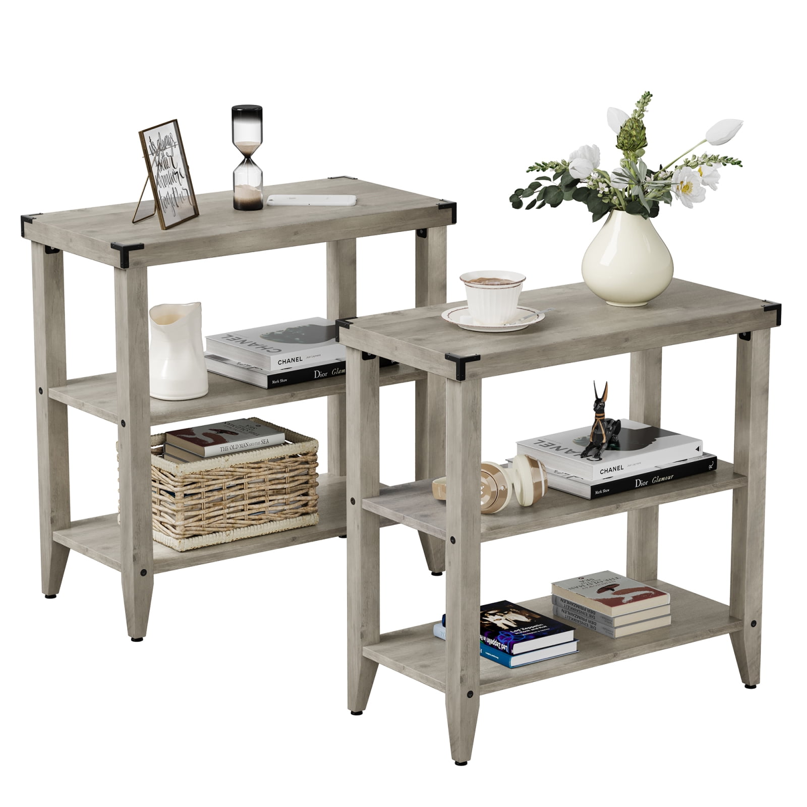 Farmhouse Style Grey End Table – Versatile 3 Tier Wood Side Table with ...