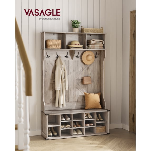 Farmhouse Style Hall Tree - Multipurpose Entryway Furniture. Features Bench, 16 Compartments for Shoe Storage, 6 Tri-Hooks. Heather Greige.
