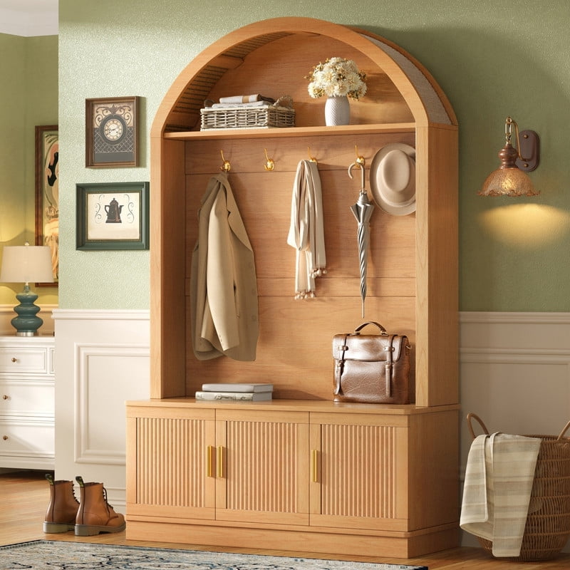Farmhouse Style Hall Tree with Arched Top, Storage Cabinet with Hooks, Entryway Shoe Bench Organizer with Adjustable Shelves