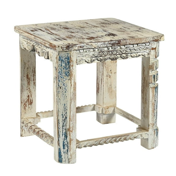 Farmhouse Style Hand Carved 20" Square Side Table in Distressed White Finish | Boho Chic Coastal Wooden End Table | Rustic Accent Table
