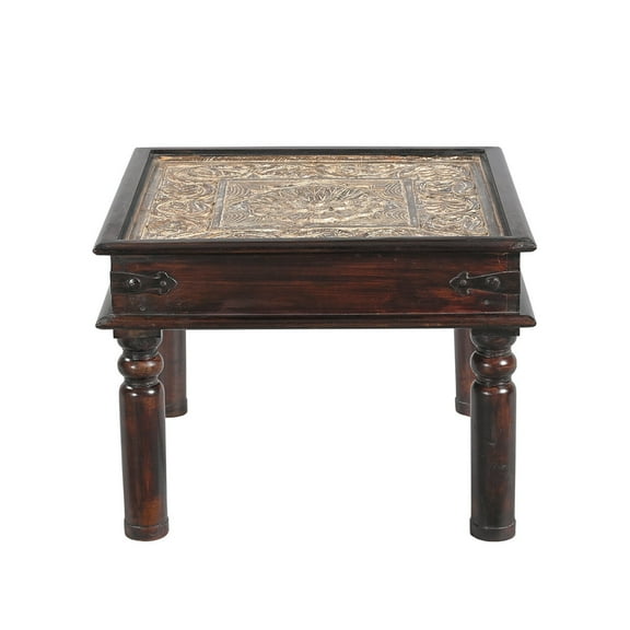Farmhouse Style Hand Carved Wooden Panel Inset 24" Square End Table | Solid Wood Side Table | Two-Tone Accent Table | Indian Furniture