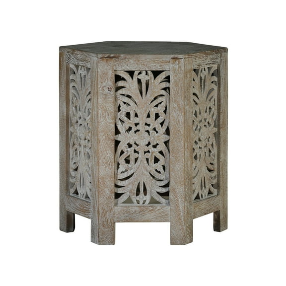 Farmhouse Style Handmade Carved Side Table | Solid Mango Wood Accent Table | Transitional Unique End Table | Boho Chic Lattice End Table