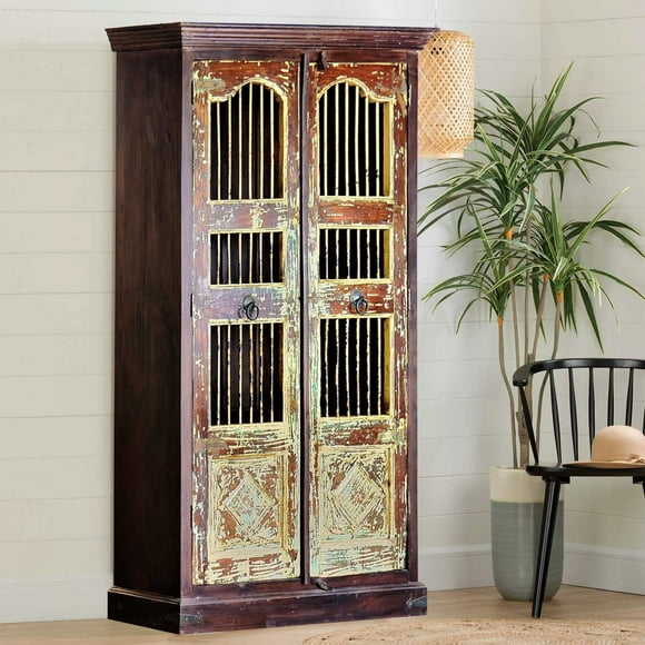Farmhouse Style Iron Bar Door Armoire | Antique Door Storage Cabinet | Distressed Solid Wood Closet | Grill Door Cupboard | Display Curio