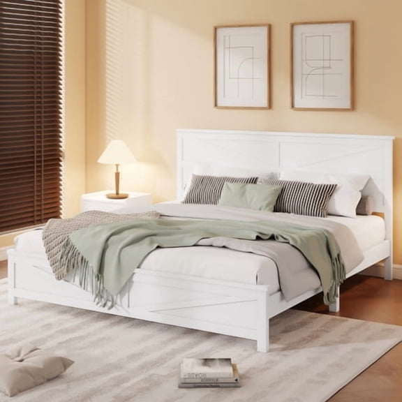 Farmhouse Style King Size Bed Frame with Barn Door Headboard and Footboard, Solid Pine Wood Platform Bed with 10 Slats, Under-Bed Storage Space, Rustic Bedroom Furniture, White