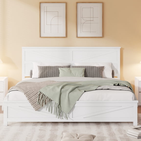 Farmhouse Style King Size Bed with Barn Door Headboard and Footboard, Solid Pine Wood Frame, White Finish