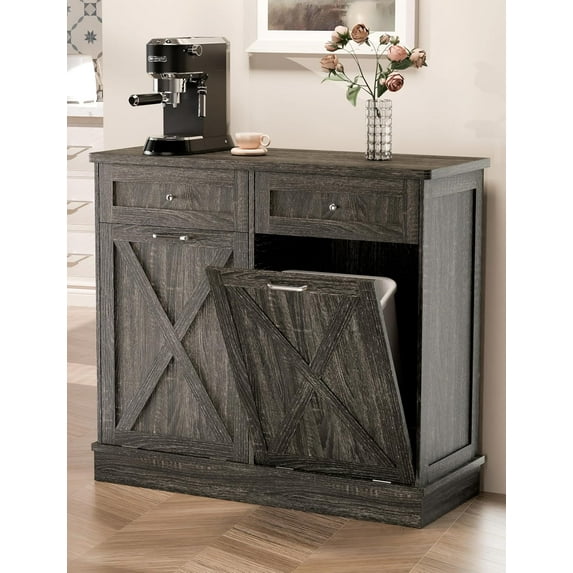 Farmhouse Style Kitchen Trash Cabinet, Double Tilt Out Trash Can Cabinet with Barn Door, Solid Wood Tabletop, Pet Proof, Odor Blocking, Laundry Cabinet Keep Clean(Oak Grey)