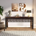thumbnail image 1 of Farmhouse Style Lattice Carved Teak Wood Long Console | Unique Entryway Hall Table | Distressed Rustic Sofa Table | Mid Century Modern, 1 of 7