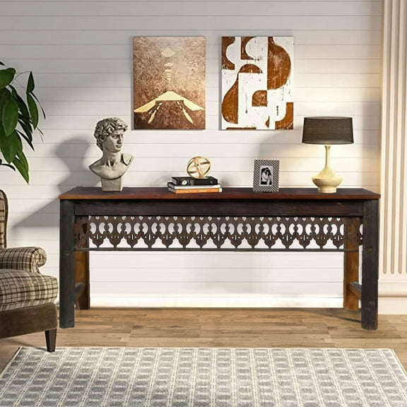 Farmhouse Style Lattice Carved Teak Wood Long Console | Unique Entryway Hall Table | Distressed Rustic Sofa Table | Mid Century Modern