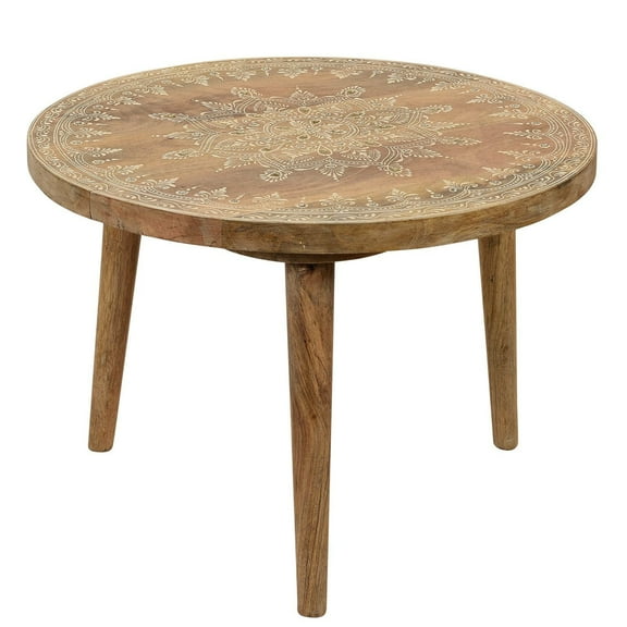 Farmhouse Style Natural Wooden 20" Round Side Table | Bohemian Painted End Table | Artistic Indian Accent Table | Modern Comtemporary