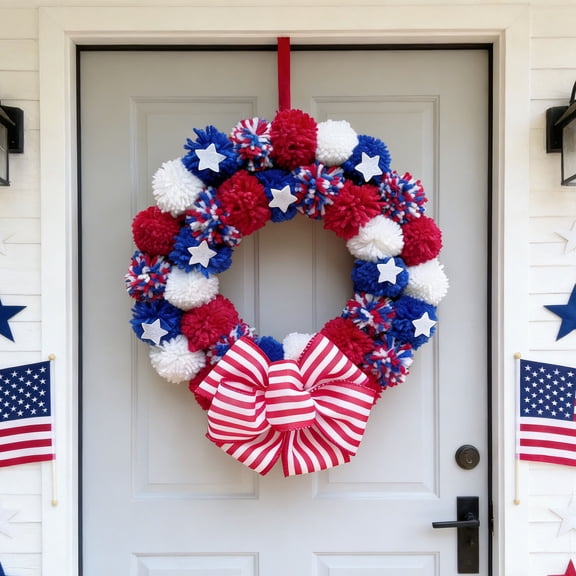 KCEHTA Americans Independence Day Commemorative Wreath, Patriotic Front Door Decoration with Red White Blue, Farmhouse Style Outdoor Holiday Decor