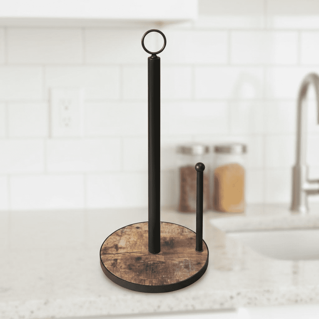 Farmhouse Style Paper Towel Holder with Sturdy Wooden Base, Fits Standard and Jumbo Rolls for Easy Tear Kitchen Countertop Organization