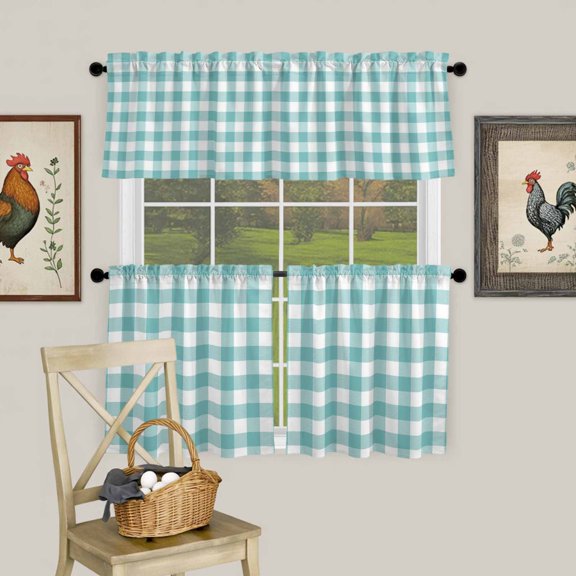 Farmhouse Style Plaid Curtain Tier and Valance Set 3 Piece, Blue Plaid Checker 3-inch Rod Pocket Window Tier Curtains Valance for Kitchen Living Room