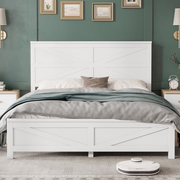 Farmhouse Style Queen Size Bed with Barn Door Designed Headboard and Footboard, Pinewood Bed with Strengthened Bed Frame