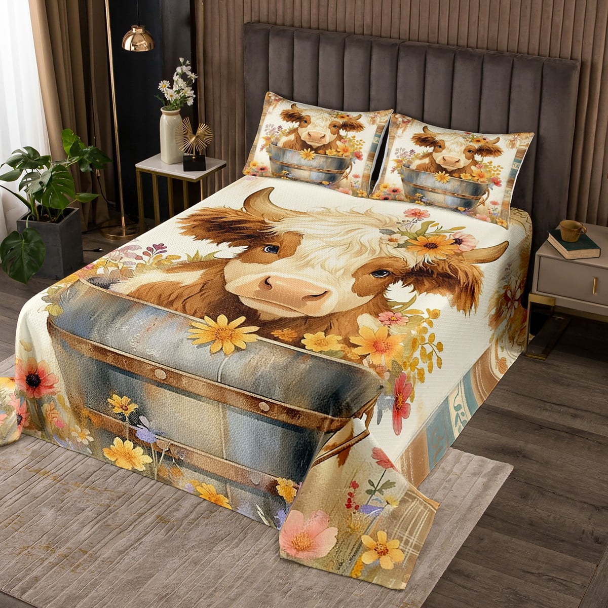 Farmhouse Style Quilt Bedding Set Twin,Watercolor Highland Cattle