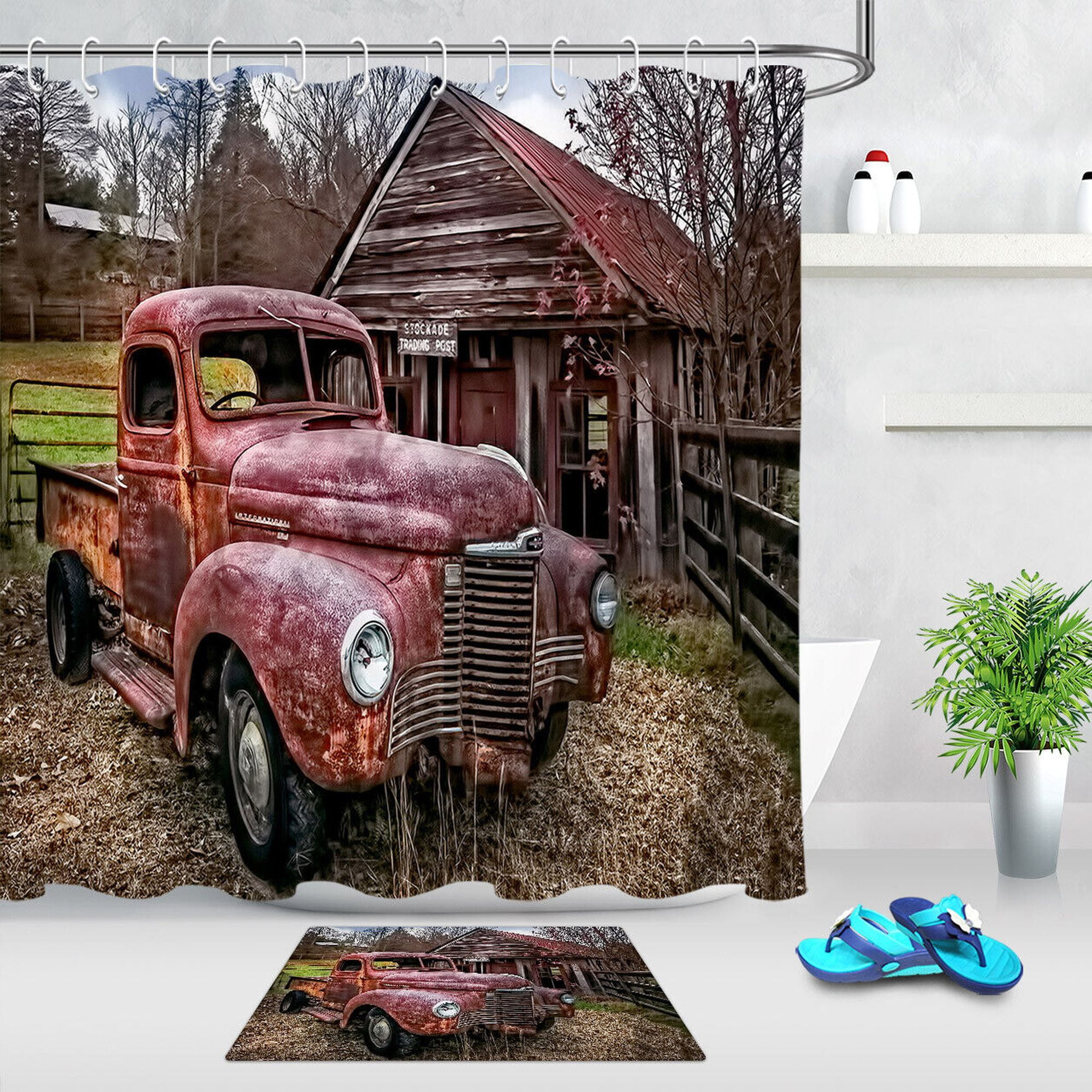 Farmhouse Style Rustic Truck Shower Curtain Set for Bathroom Décor