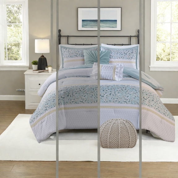 Farmhouse Style Seersucker Bedding Set Aqua Polyester Comforter with Decorative Throw Pillows